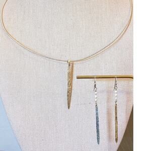 925 Sterling Wire Collar Hammered Dangle Pendant & Matching Pearl Earrings Set